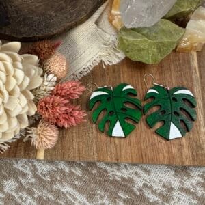 white wizard monstera leaf earrings