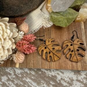 natural wood monstera leaf earrings